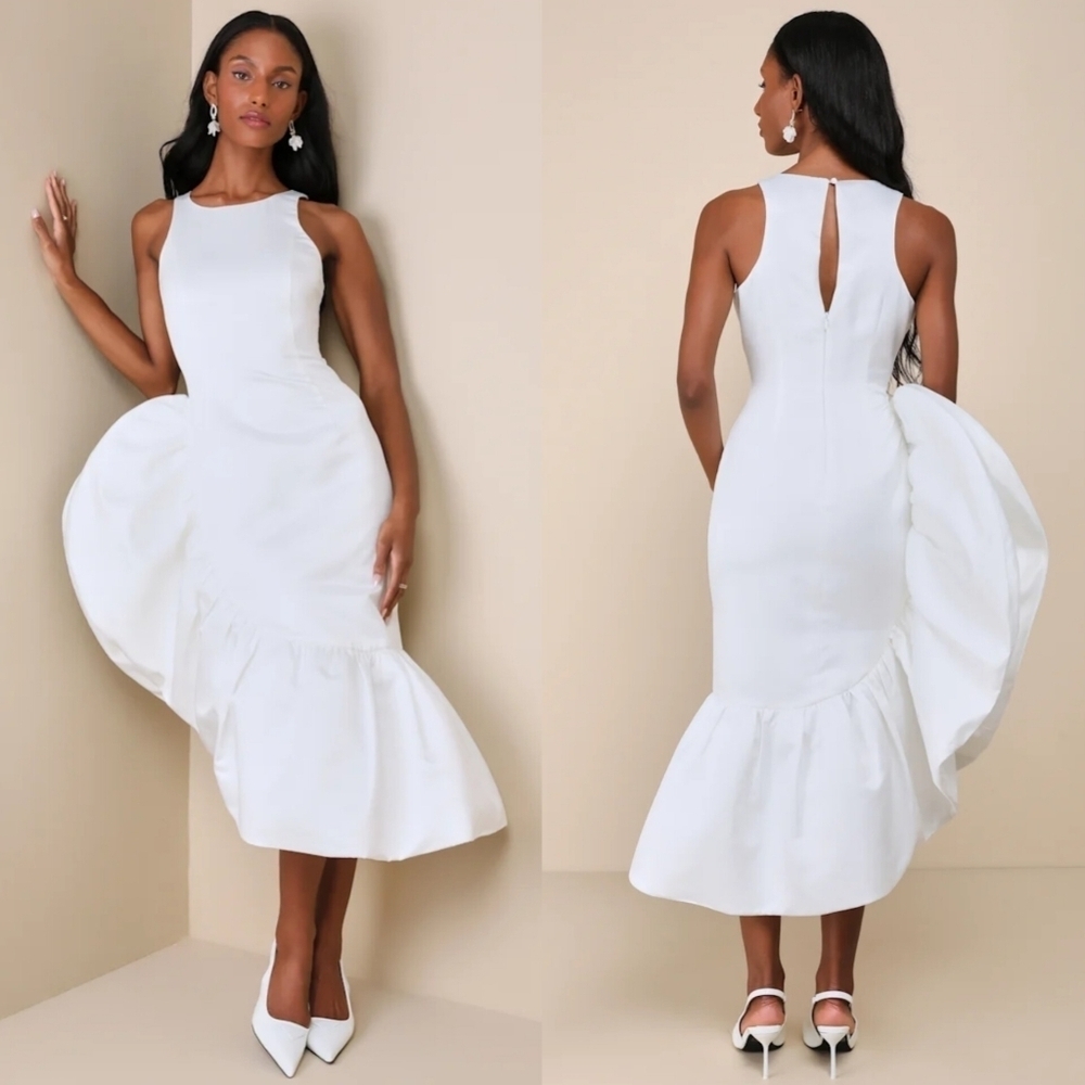 Lulus Magnificent Presence White Ruffled Asymmetrical Midi Dress Wedding Party